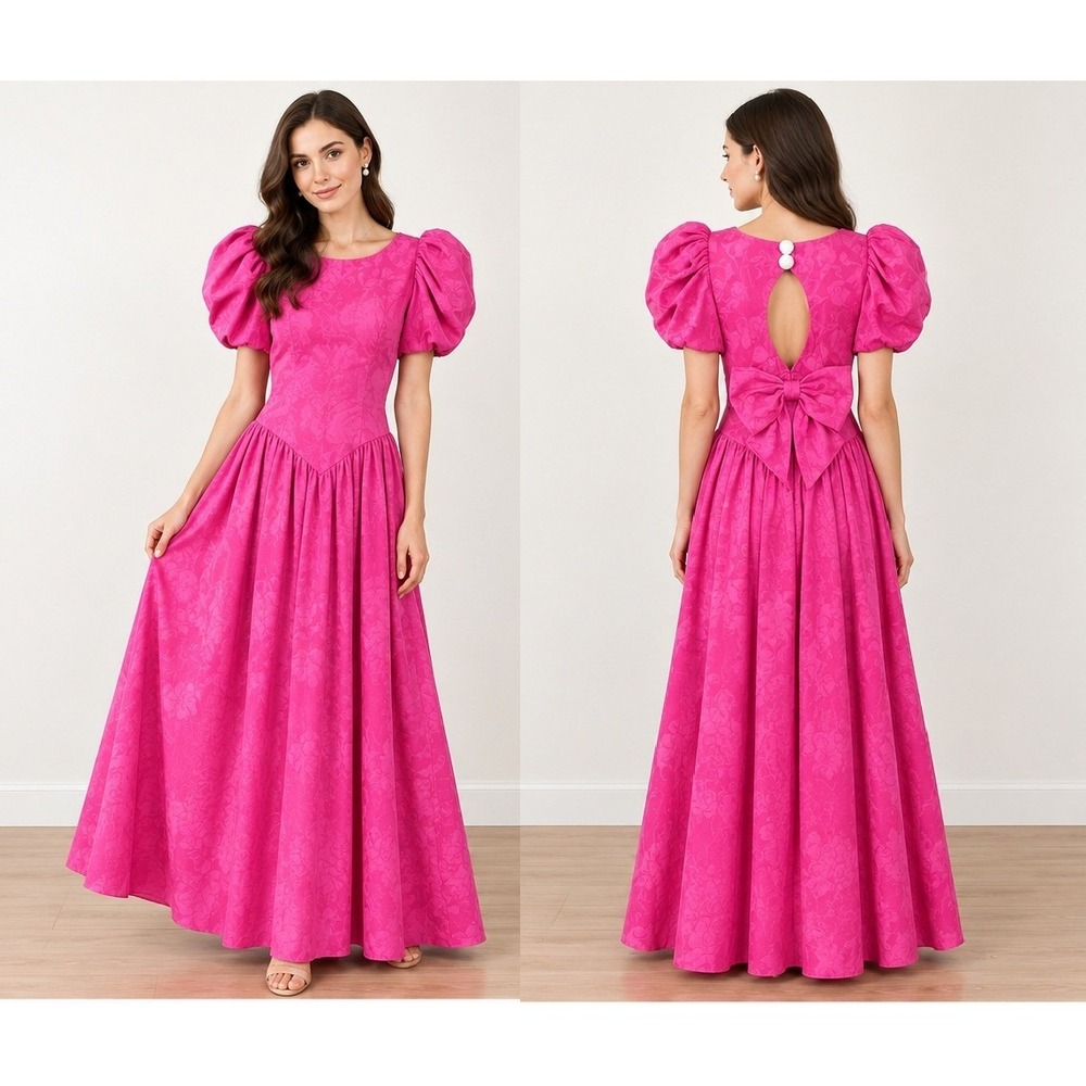 Vintage 1980s Alfred Angelo Fuchsia Pink Prom Dress Puff Sleeve Bow Back 13/14
